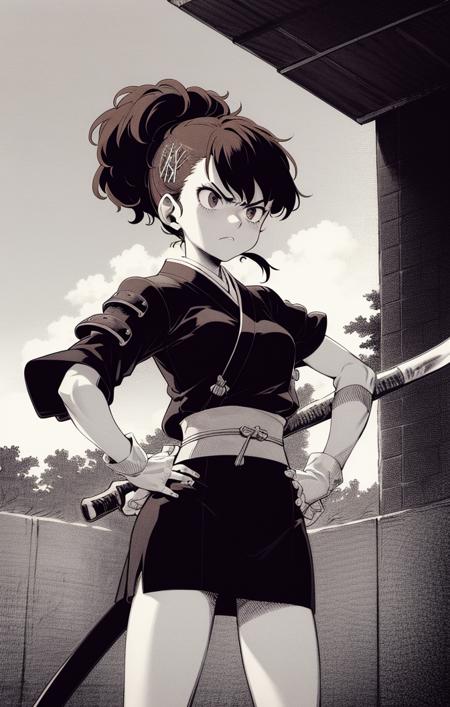 49841-1252391552-70's anime style, film grain, japanese, monochrome, scenic background, outdoors, hand on hip, wide stance, samurai armor, holdin.png